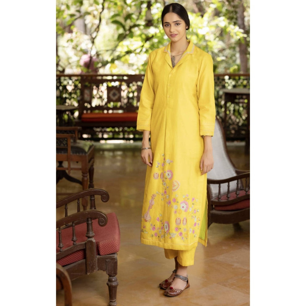 "Two Sisters" by Gyans Women Yellow Chanderi Silk Embroidered Kurta with Pant