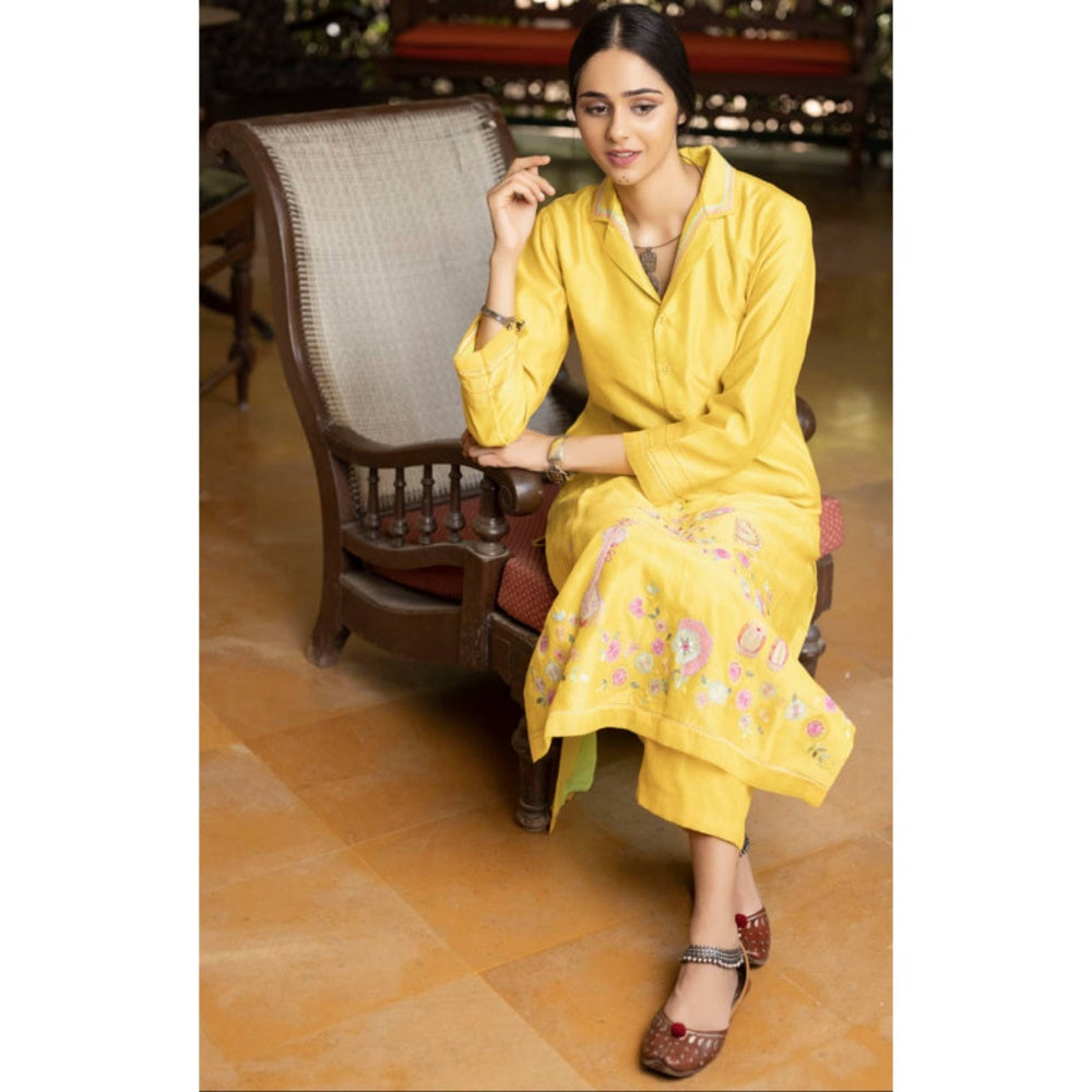 "Two Sisters" by Gyans Women Yellow Chanderi Silk Embroidered Kurta with Pant