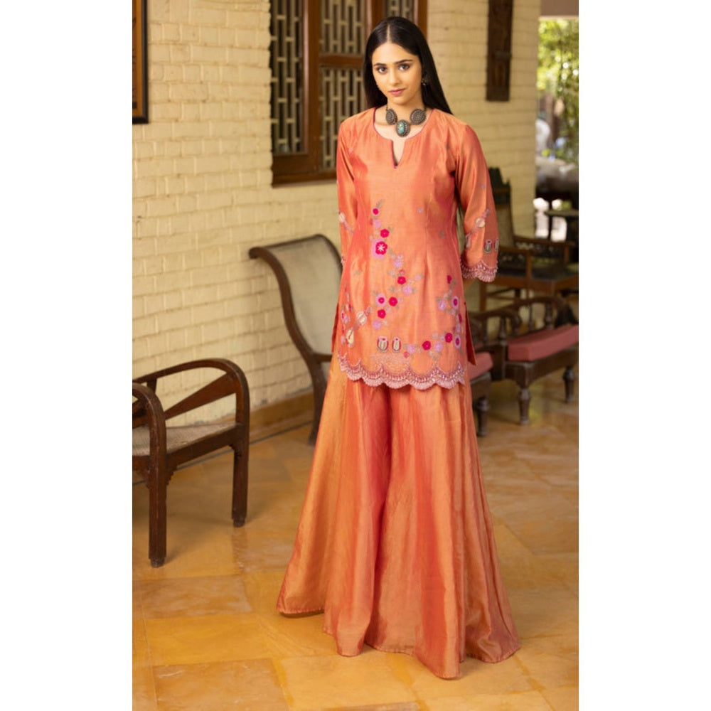 "Two Sisters" by Gyans Women Orange Chanderi Silk Embroidered Kurta with Sharara