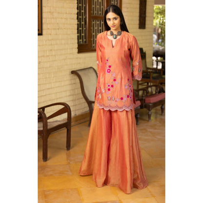 "Two Sisters" by Gyans Women Orange Chanderi Silk Embroidered Kurta with Sharara