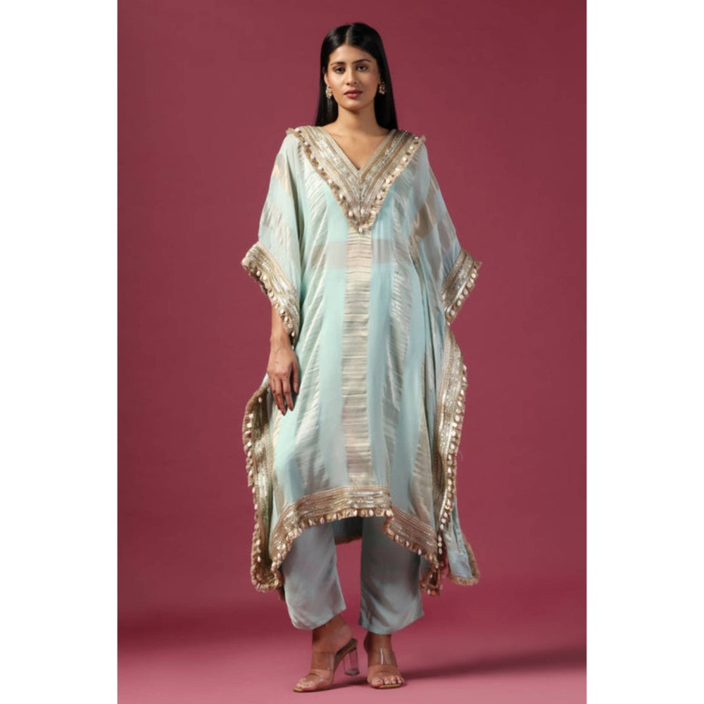 "Two Sisters" by Gyans Blue Organza Woven V-Neck Kaftan Kurta And Pant