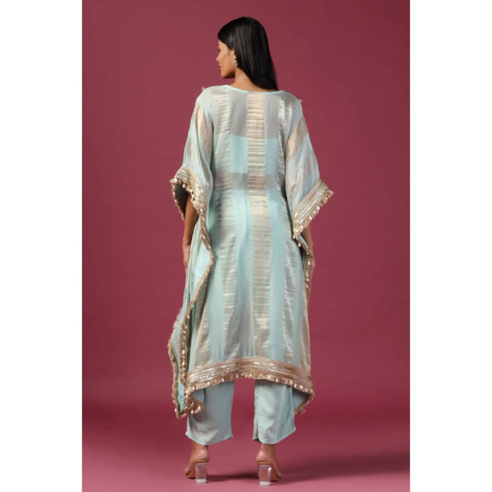 "Two Sisters" by Gyans Blue Organza Woven V-Neck Kaftan Kurta And Pant