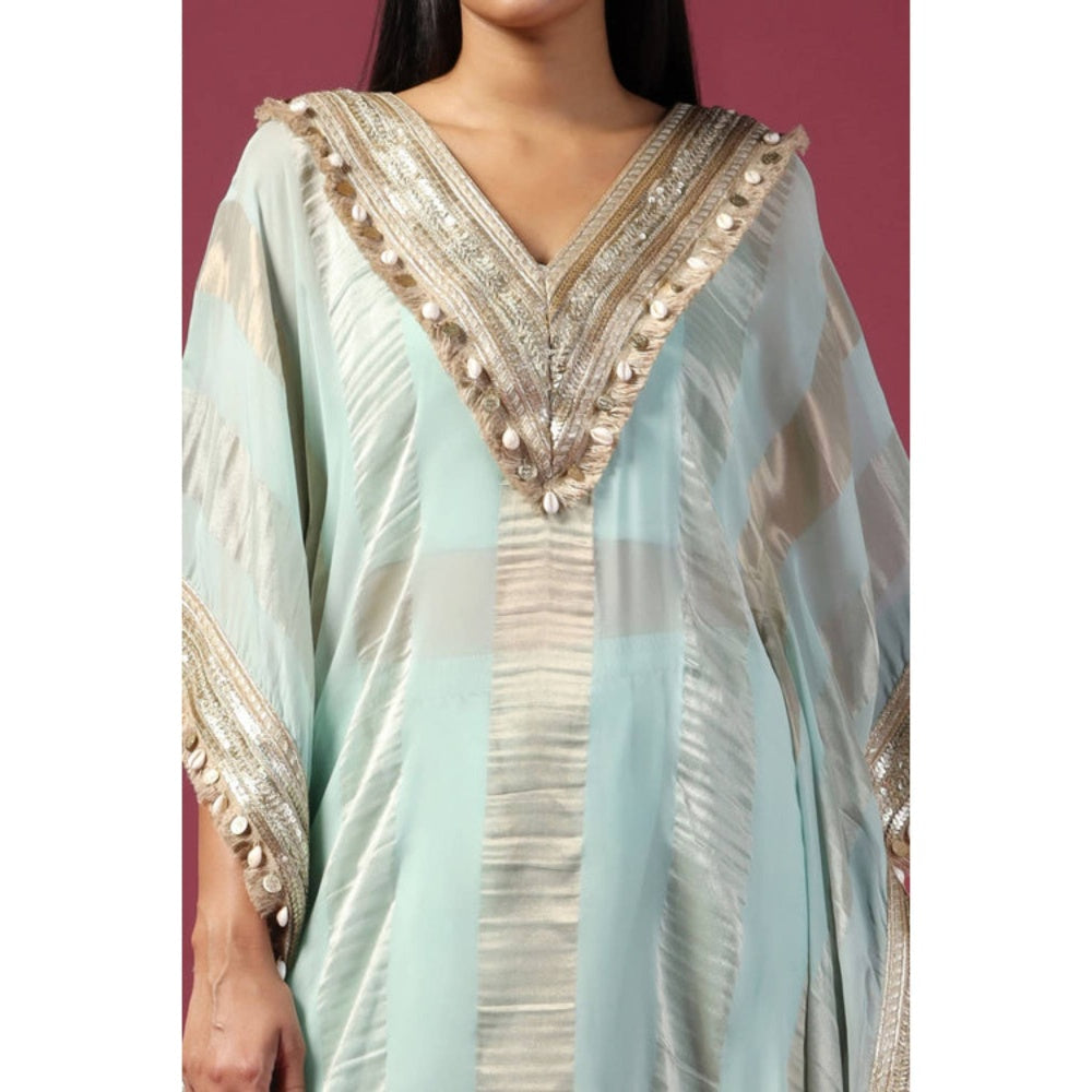 "Two Sisters" by Gyans Blue Organza Woven V-Neck Kaftan Kurta And Pant