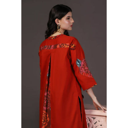 "Two Sisters" by Gyans Ruby Rhapsody Red Applique Printed Work Kurta And Bottom