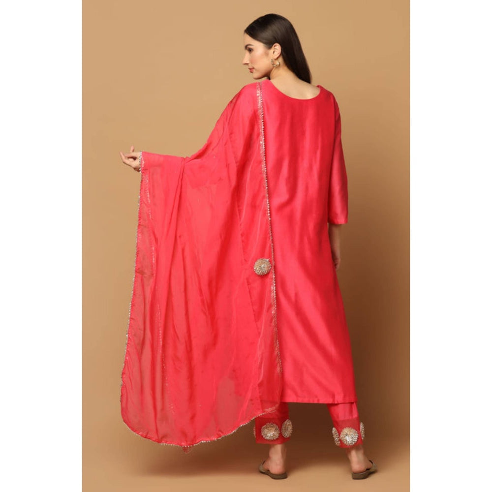 "Two Sisters" by Gyans Pink Silk Solid/Plain V-Neck Kurta With Pant And Dupatta