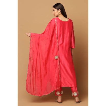 "Two Sisters" by Gyans Pink Silk Solid/Plain V-Neck Kurta With Pant And Dupatta
