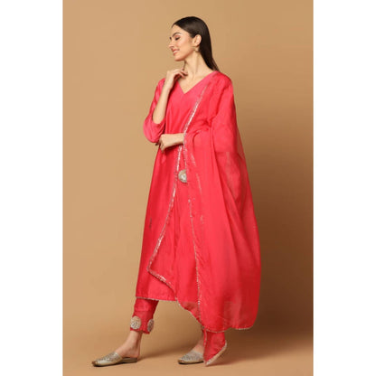 "Two Sisters" by Gyans Pink Silk Solid/Plain V-Neck Kurta With Pant And Dupatta