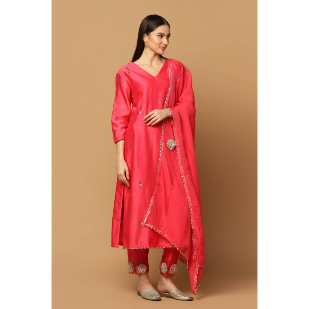 "Two Sisters" by Gyans Pink Silk Solid/Plain V-Neck Kurta With Pant And Dupatta