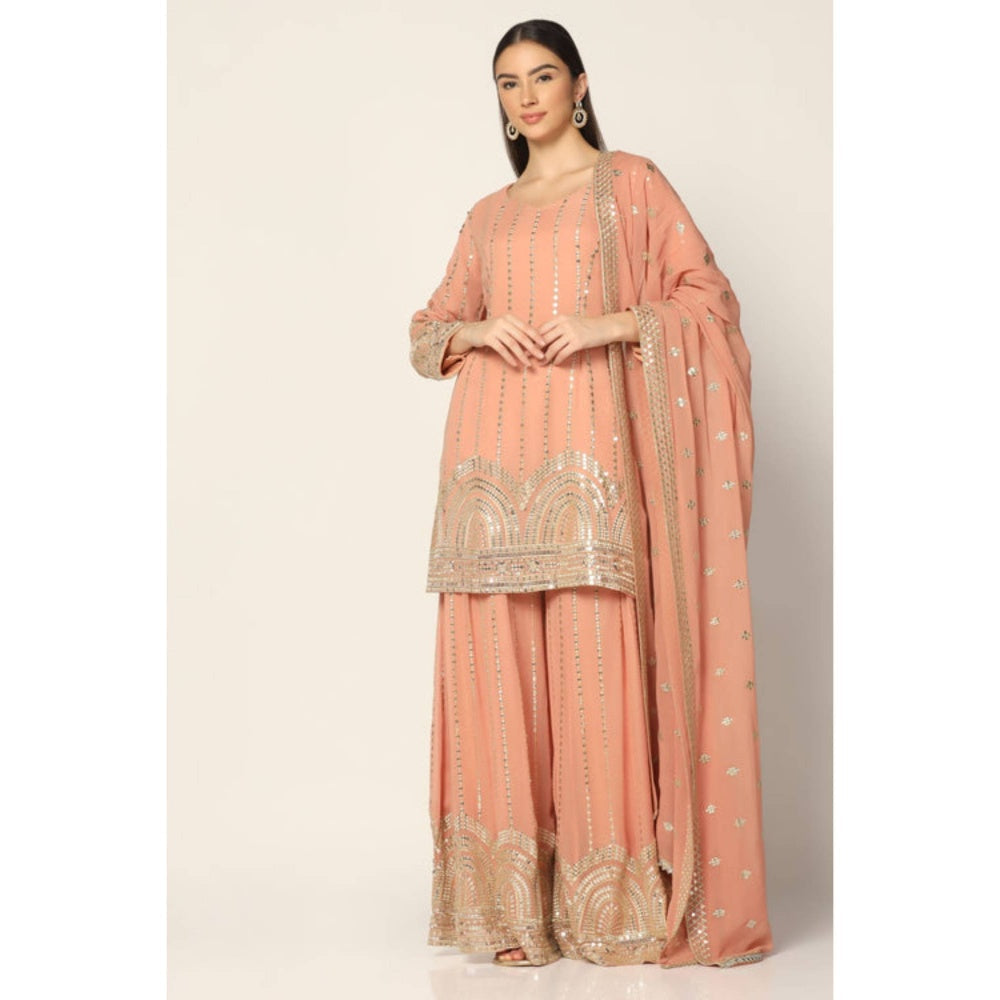 "Two Sisters" by Gyans Peach Georgette Embroidered Round Neck Kurta With Sharara And Dupatta
