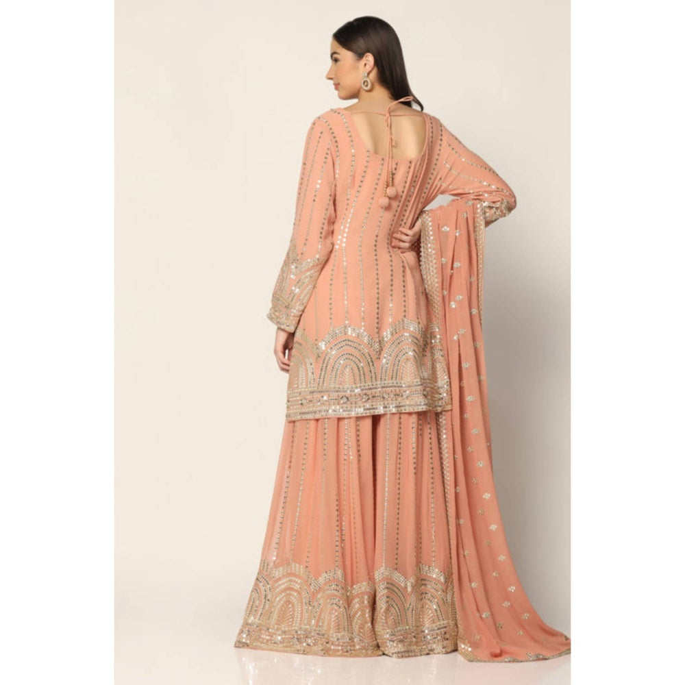"Two Sisters" by Gyans Peach Georgette Embroidered Round Neck Kurta With Sharara And Dupatta