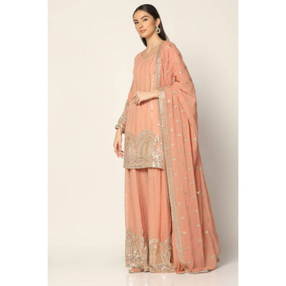 "Two Sisters" by Gyans Peach Georgette Embroidered Round Neck Kurta With Sharara And Dupatta