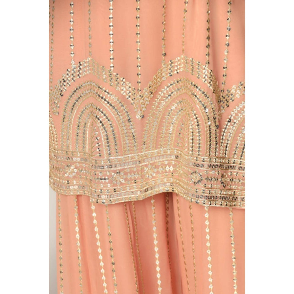 "Two Sisters" by Gyans Peach Georgette Embroidered Round Neck Kurta With Sharara And Dupatta
