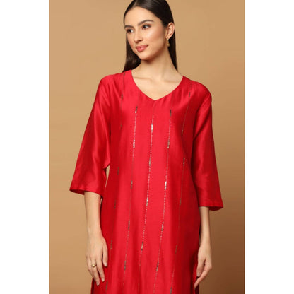 "Two Sisters" by Gyans Red Mukaish Kurta Set