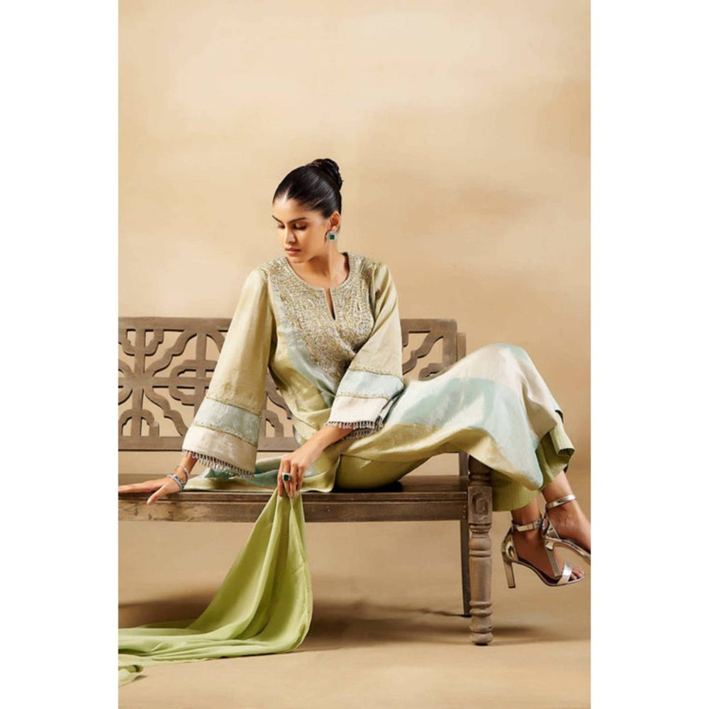 "Two Sisters" by Gyans Green Long Kalidar Suit Set With Banarasi Palazzo And Silk Dupatta