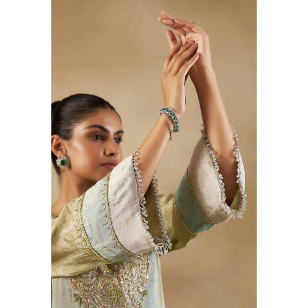 "Two Sisters" by Gyans Green Long Kalidar Suit Set With Banarasi Palazzo And Silk Dupatta