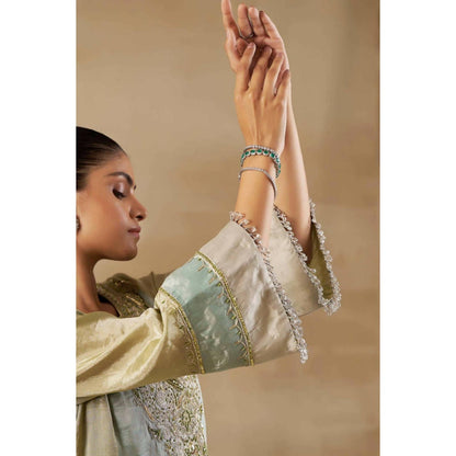 "Two Sisters" by Gyans Green Long Kalidar Suit Set With Banarasi Palazzo And Silk Dupatta