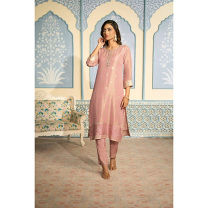 "Two Sisters" by Gyans Embroidered Pink Banarasi Kurta Set With Gold Embroidery