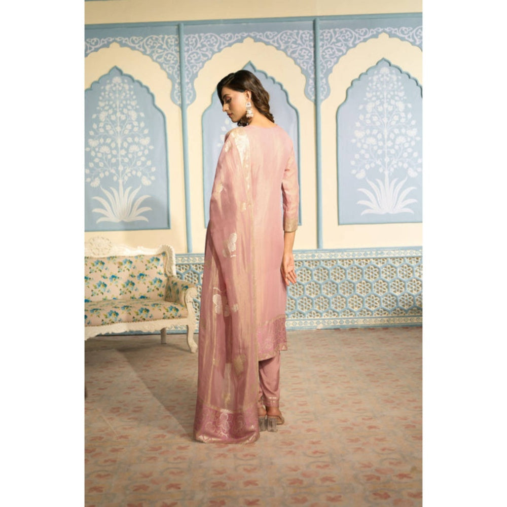 "Two Sisters" by Gyans Embroidered Pink Banarasi Kurta Set With Gold Embroidery
