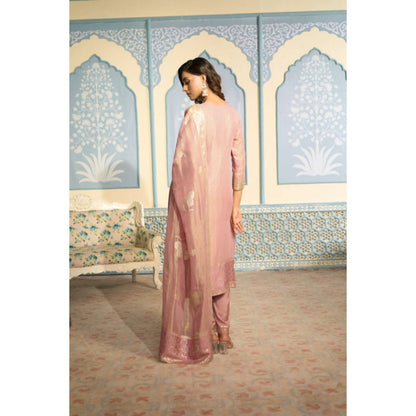 "Two Sisters" by Gyans Embroidered Pink Banarasi Kurta Set With Gold Embroidery