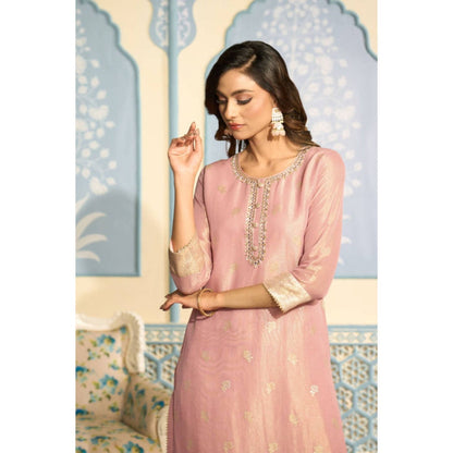 "Two Sisters" by Gyans Embroidered Pink Banarasi Kurta Set With Gold Embroidery