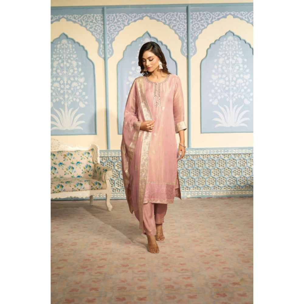 "Two Sisters" by Gyans Embroidered Pink Banarasi Kurta Set With Gold Embroidery