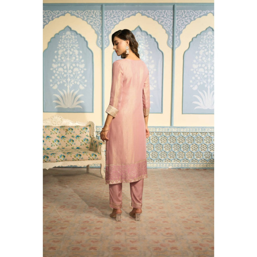 "Two Sisters" by Gyans Embroidered Pink Banarasi Kurta Set With Gold Embroidery