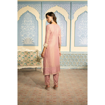 "Two Sisters" by Gyans Embroidered Pink Banarasi Kurta Set With Gold Embroidery