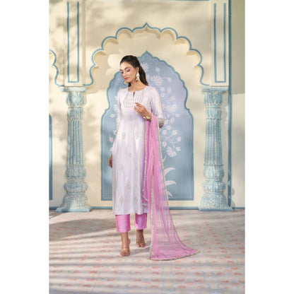 "Two Sisters" by Gyans Lavender Satin Embroidered Round Neck Kurta With Pant And Dupatta