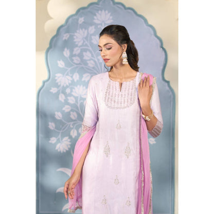 "Two Sisters" by Gyans Lavender Satin Embroidered Round Neck Kurta With Pant And Dupatta