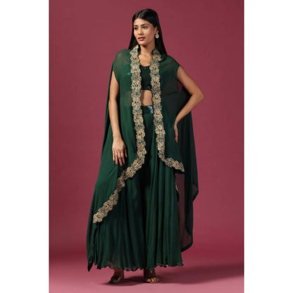 "Two Sisters" by Gyans Green Georgette Embroidered Shoulder Straps Top With Sharara And Cape