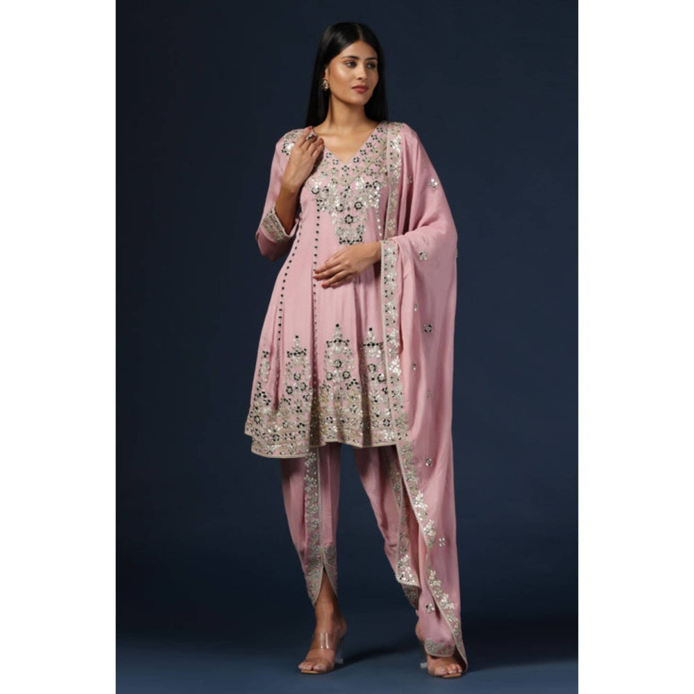 "Two Sisters" by Gyans Purple Georgette Embroidered V-Neck Kurta With Dhoti Pant And Dupatta