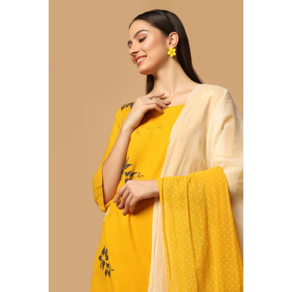 "Two Sisters" by Gyans Mustard Cotton Floral Round Neck Kurta With Pant And Dupatta