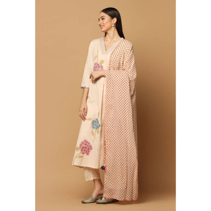 "Two Sisters" by Gyans Peach Cotton Floral V-Neck Kurta With Pant And Dupatta