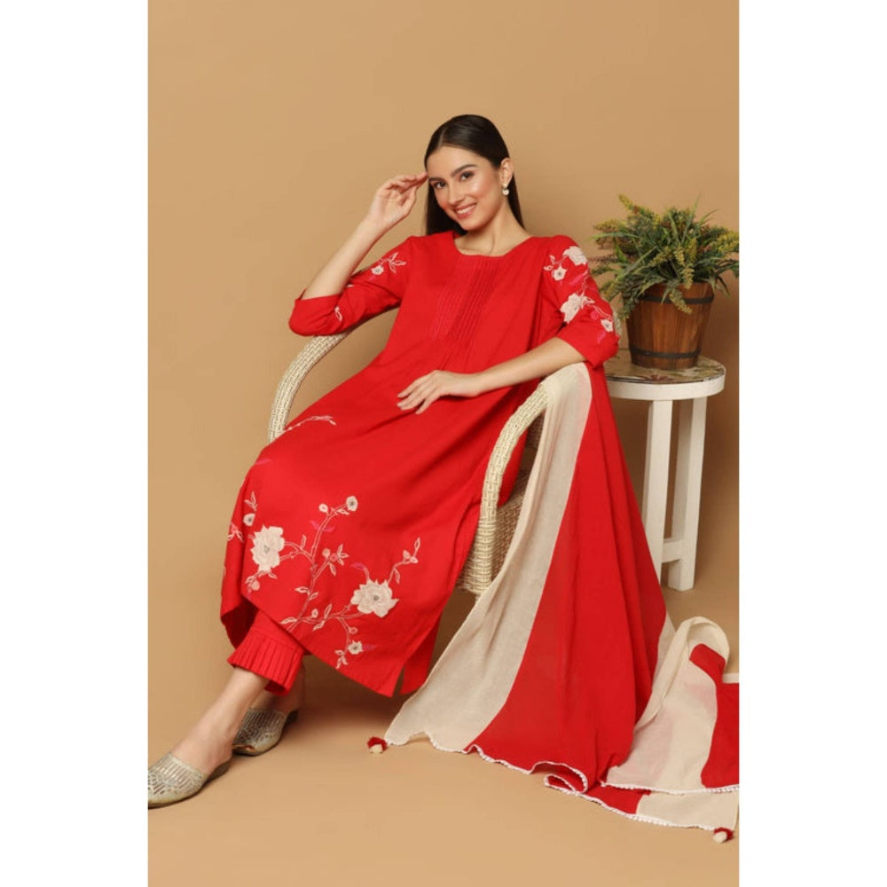 "Two Sisters" by Gyans Women Red Cotton Floral Kurta with Pant and Dupatta