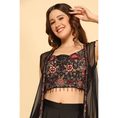 "Two Sisters" by Gyans Women Black Satin Embroidered Top with Palazzo and Dupatta