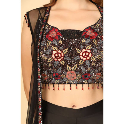 "Two Sisters" by Gyans Women Black Satin Embroidered Top with Palazzo and Dupatta