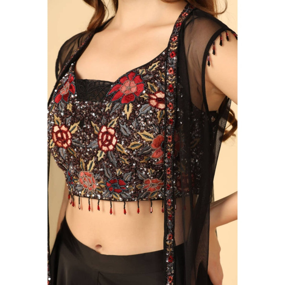 "Two Sisters" by Gyans Women Black Satin Embroidered Top with Palazzo and Dupatta