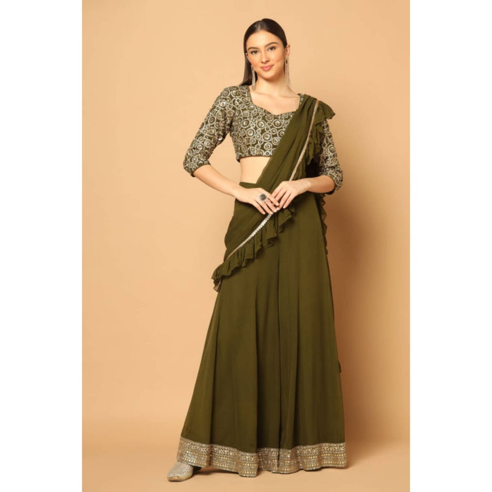 "Two Sisters" by Gyans Women Olive Georgette Solid Blouse with Sharara and Dupatta