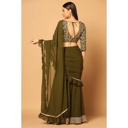 "Two Sisters" by Gyans Women Olive Georgette Solid Blouse with Sharara and Dupatta