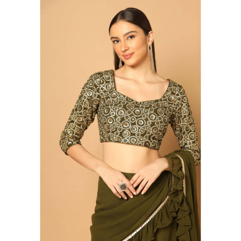 "Two Sisters" by Gyans Women Olive Georgette Solid Blouse with Sharara and Dupatta
