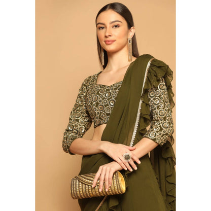 "Two Sisters" by Gyans Women Olive Georgette Solid Blouse with Sharara and Dupatta