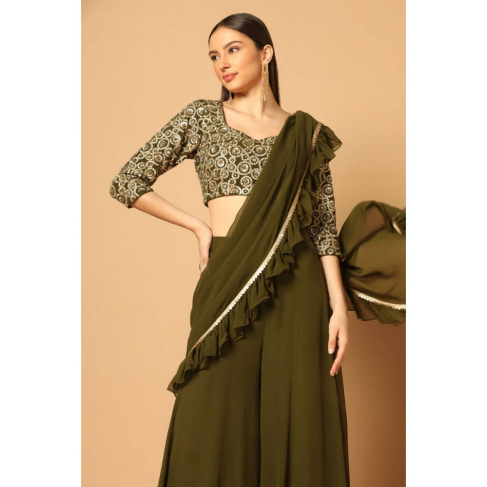 "Two Sisters" by Gyans Women Olive Georgette Solid Blouse with Sharara and Dupatta