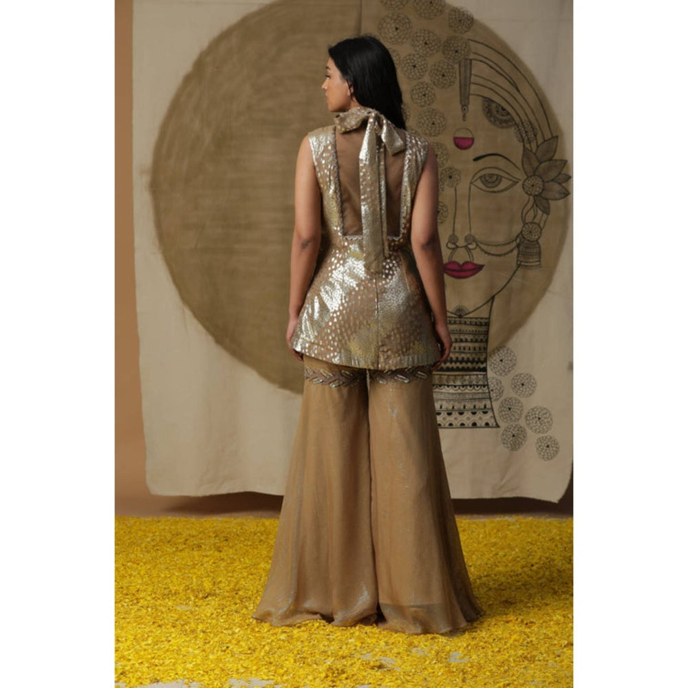 "Two Sisters" by Gyans Women Beige Georgette Embroidered Kurta with Sharara and Dupatta