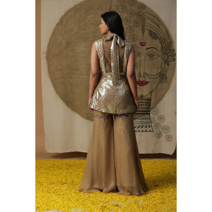 "Two Sisters" by Gyans Women Beige Georgette Embroidered Kurta with Sharara and Dupatta