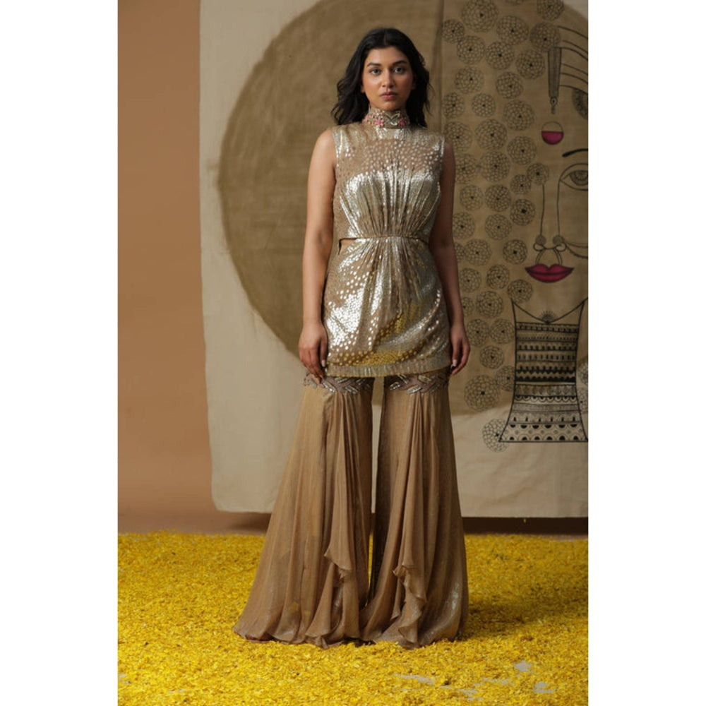 "Two Sisters" by Gyans Women Beige Georgette Embroidered Kurta with Sharara and Dupatta
