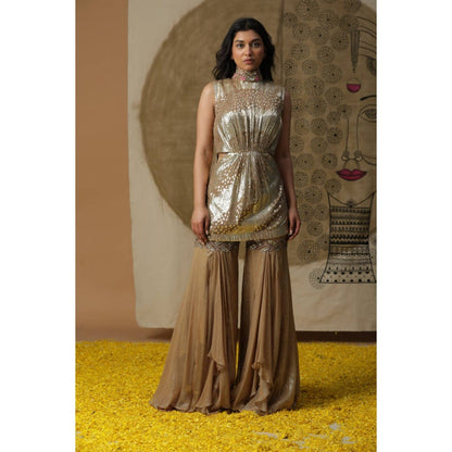 "Two Sisters" by Gyans Women Beige Georgette Embroidered Kurta with Sharara and Dupatta