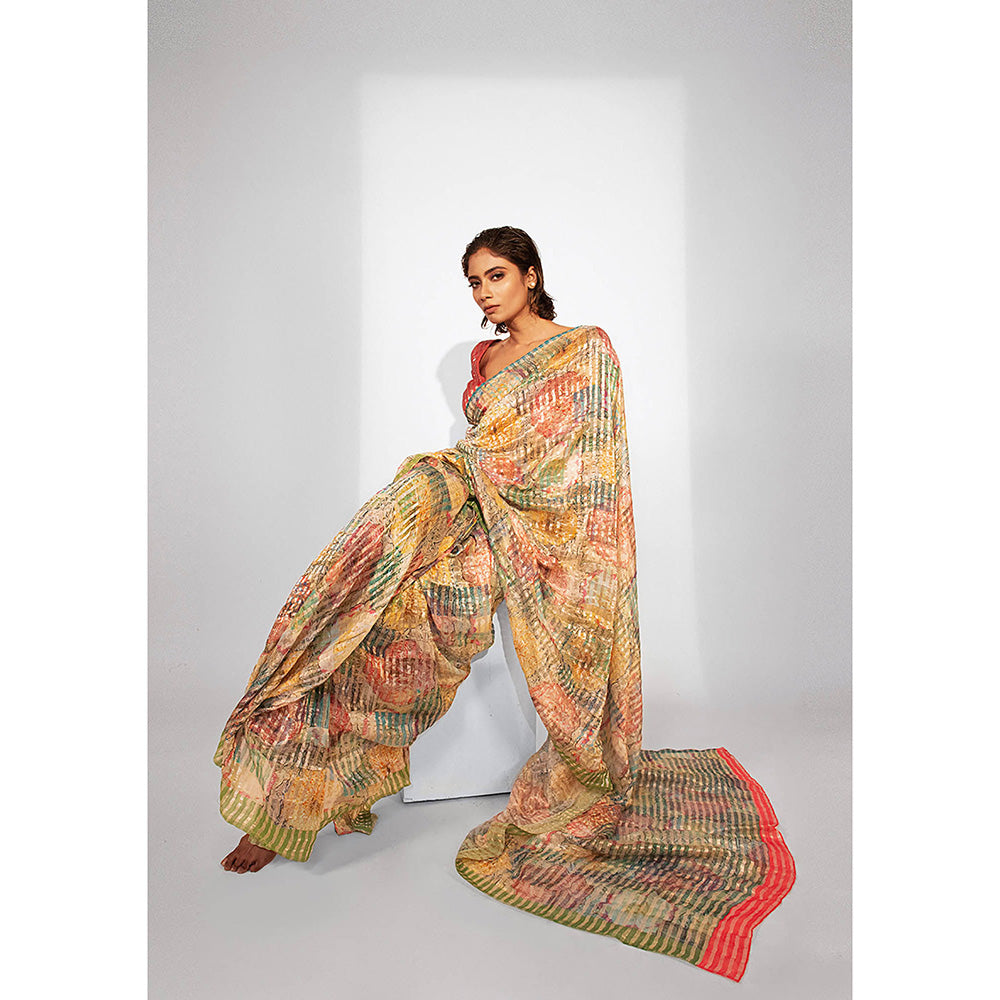 UNALLUME BY NISHA Celestial Bloom Silk Saree with Unstitched Blouse - Yellow