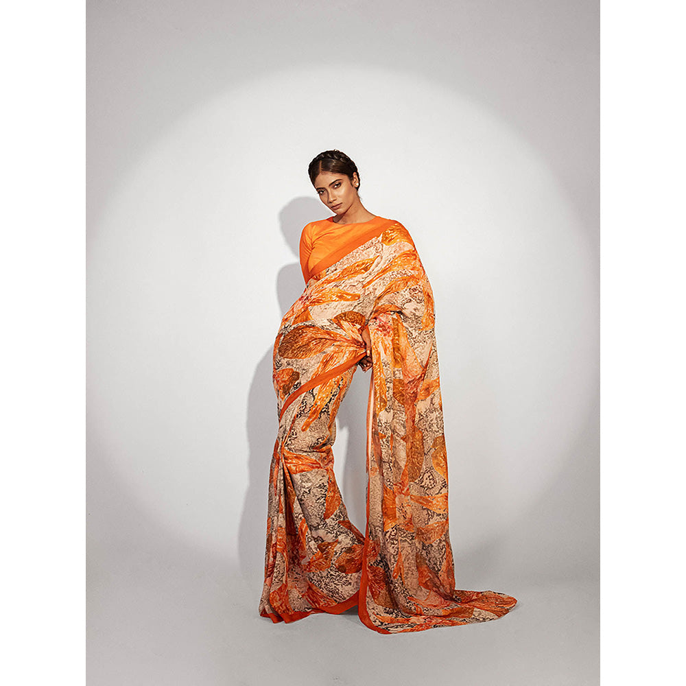 UNALLUME BY NISHA Orchid Symphony Organza Saree with Unstitched Blouse - Orange