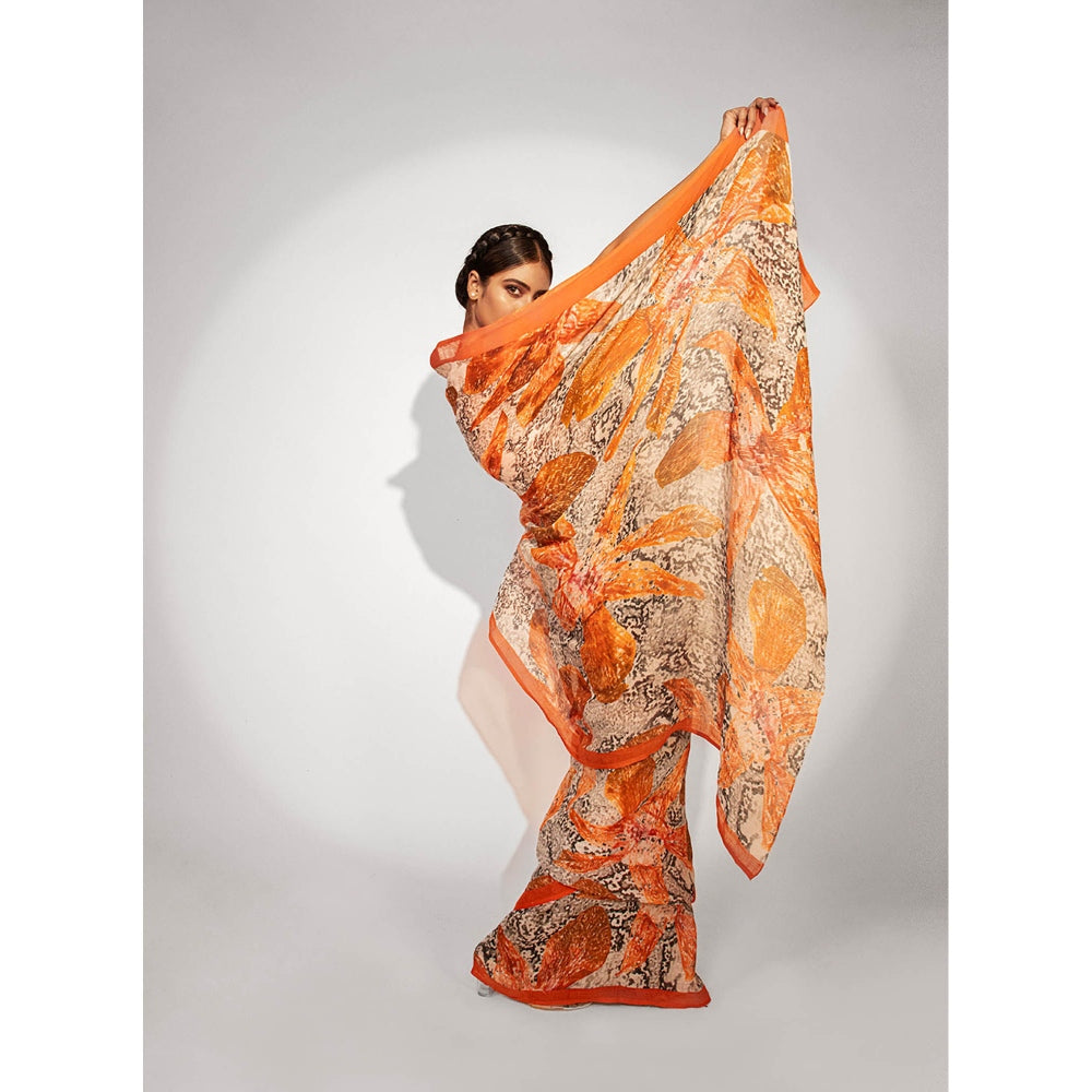 UNALLUME BY NISHA Orchid Symphony Organza Saree with Unstitched Blouse - Orange
