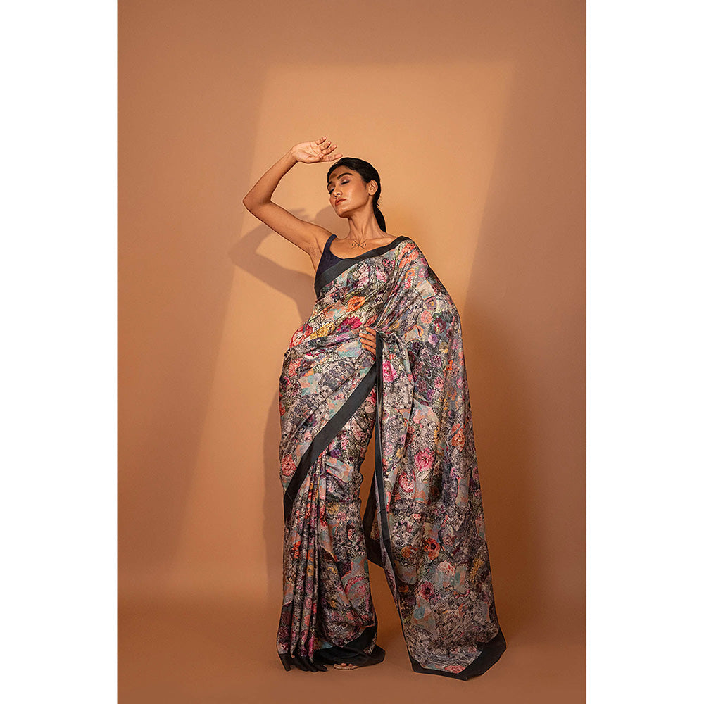 UNALLUME BY NISHA Floral Camouflage Silk Saree with Unstitched Blouse - Grey